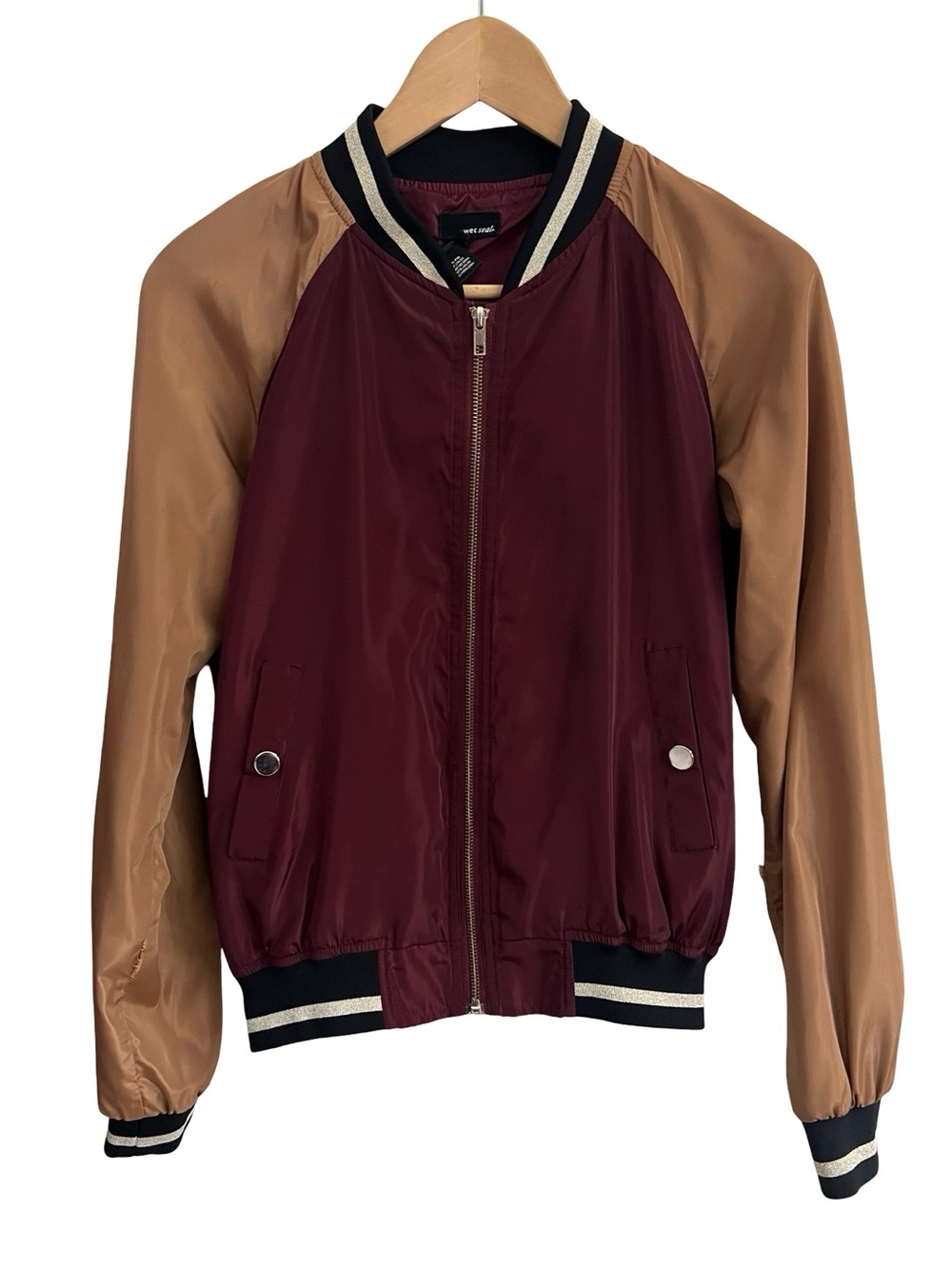 WET SEAL Y2K Lightweight Bomber Varsity Jacket Burgundy Brown Sz S Classic 2000s